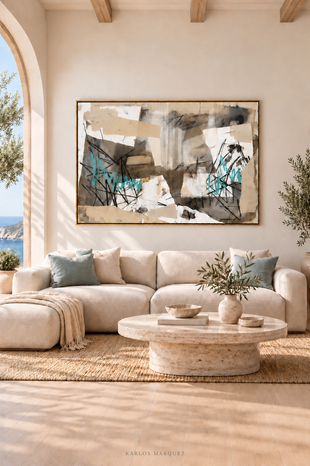 Interior visualization of turquoise accented painting in coastal lounge