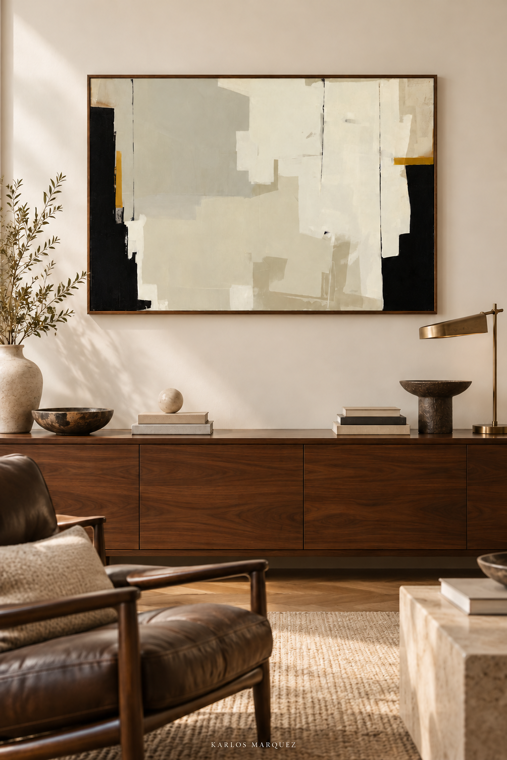 Interior visualization of Quiet Structure above a walnut credenza